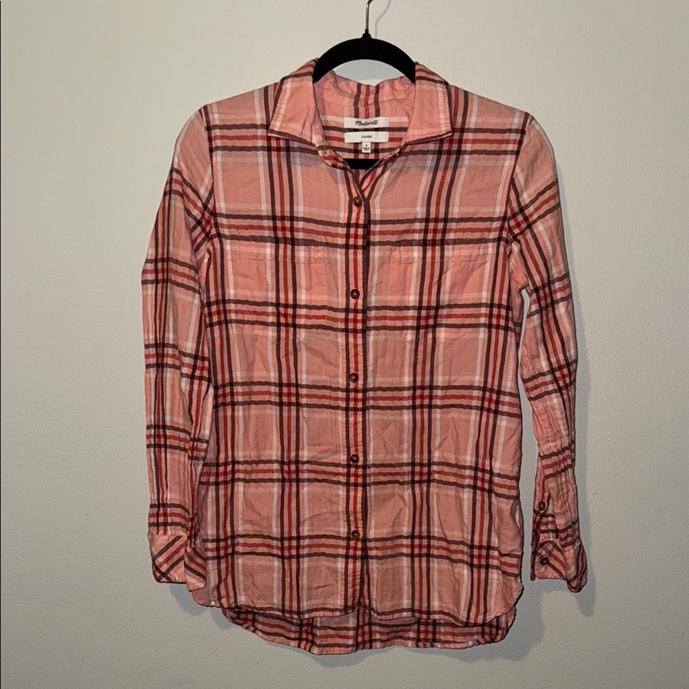 Madewell Plaid Button Up Womens Sm Pink Soft Pockets Long Sleeve Lightweight EUC
